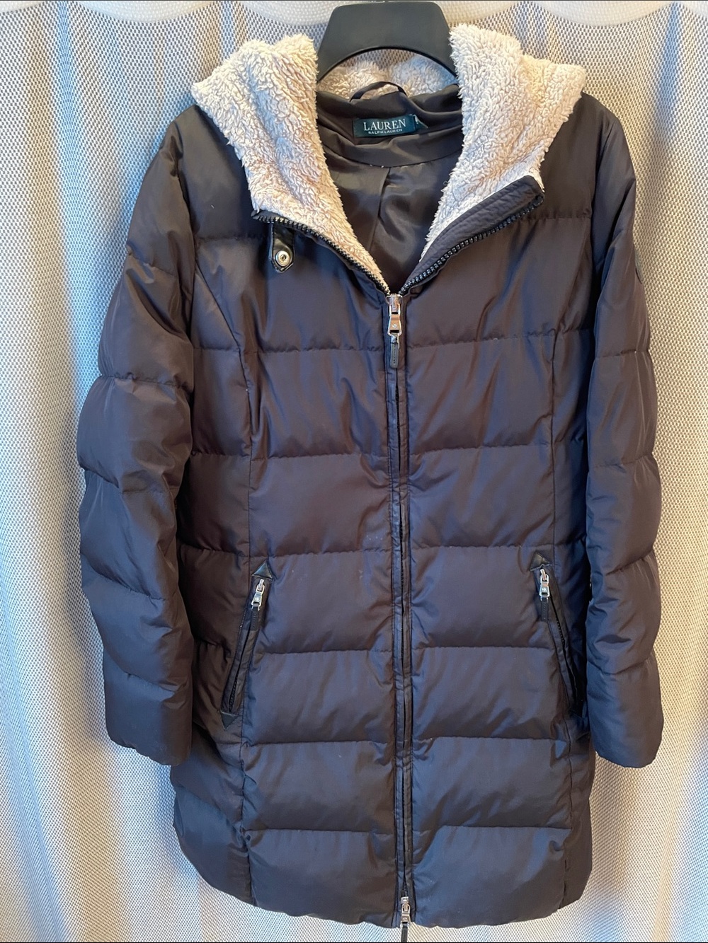 Lauren Ralph Lauren Black Down Fill Quilted Puffer Jacket with Cream Sherpa Hood